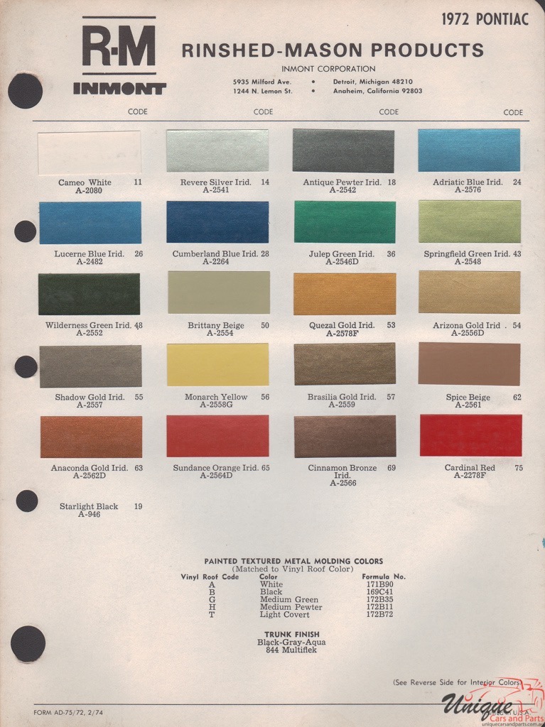 1972 Pontiac Paint Charts RM 1
